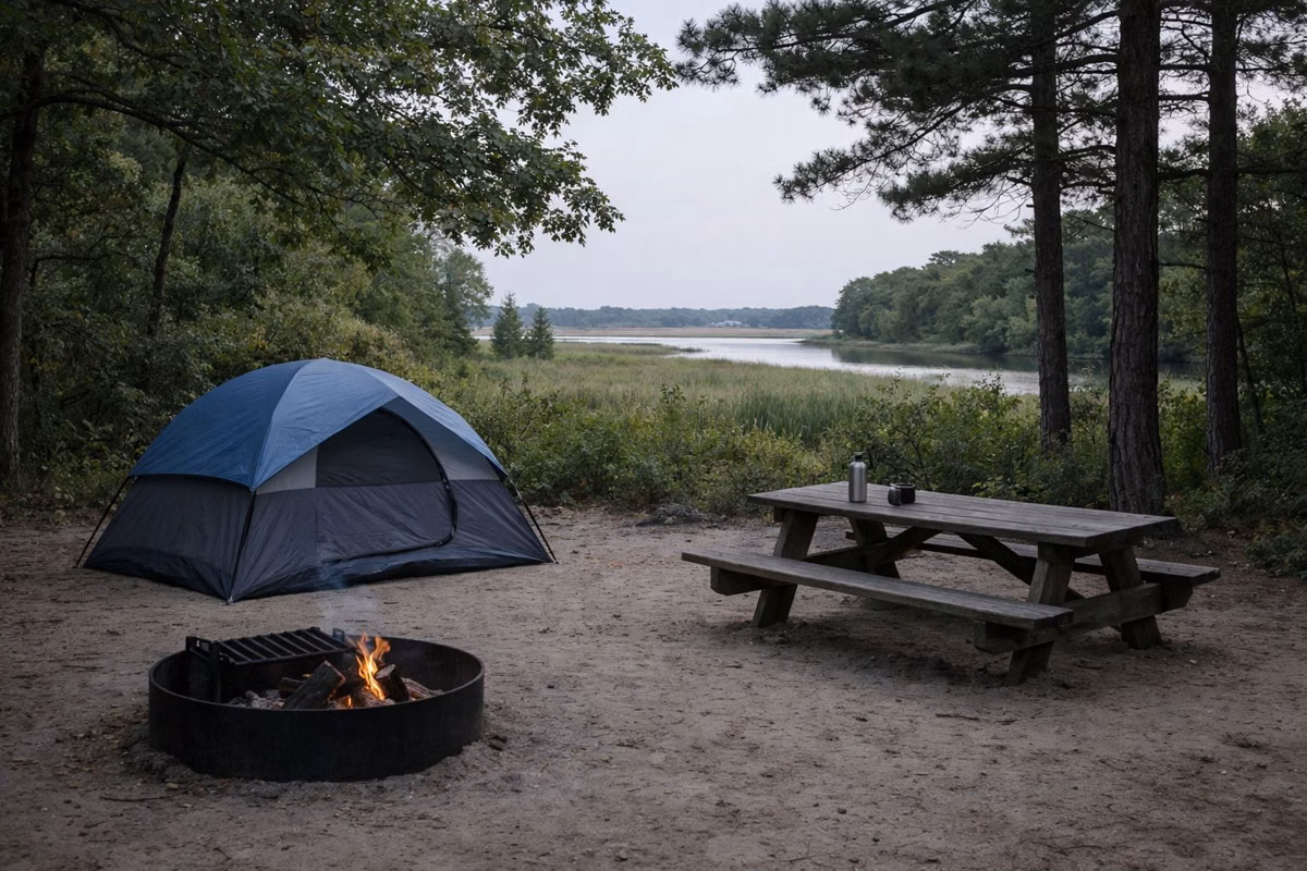 A wooded campsite with a small dome tent, a steel fire ring and a wooden picnic table on packed sand under oaks and pines