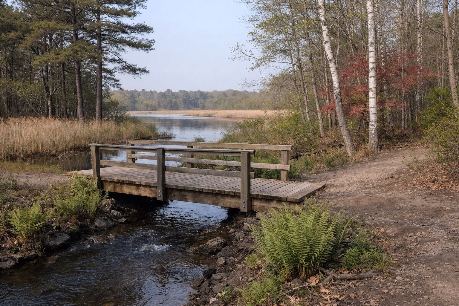 A short wooden footbridge crossing a small stream in a red maple and birch wetland forest, ferns along the banks