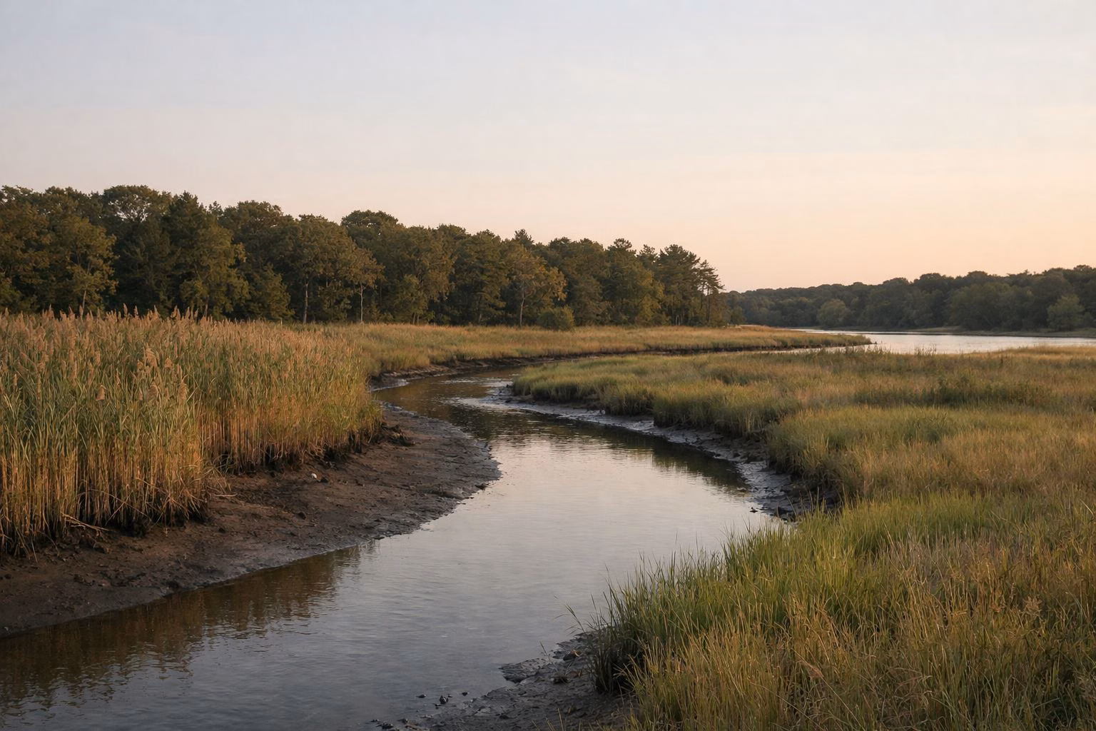 A winding tidal creek through a salt marsh with tall common reed and lower cordgrass, a line of oaks and cedars on the far edge