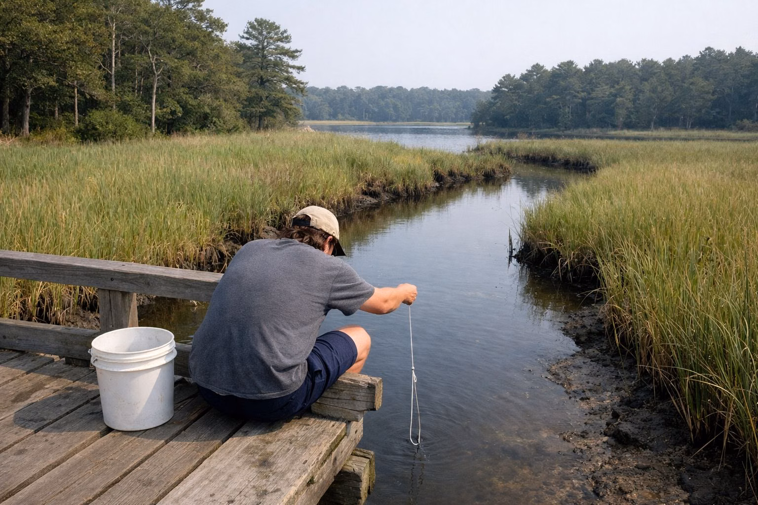 A person seen from behind lowering a crab line from a low wooden footbridge over a narrow tidal creek, marsh grass on both banks, a bucket beside them