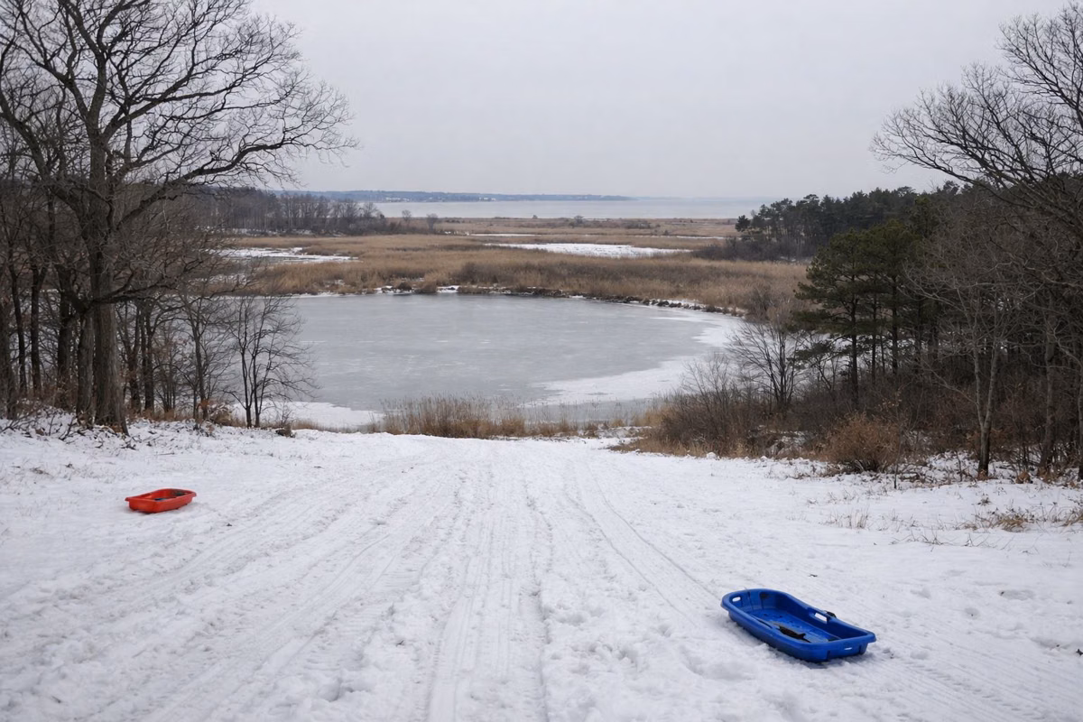 A gentle snowy sledding hill with sled tracks beside a small frozen lake, bare oaks around