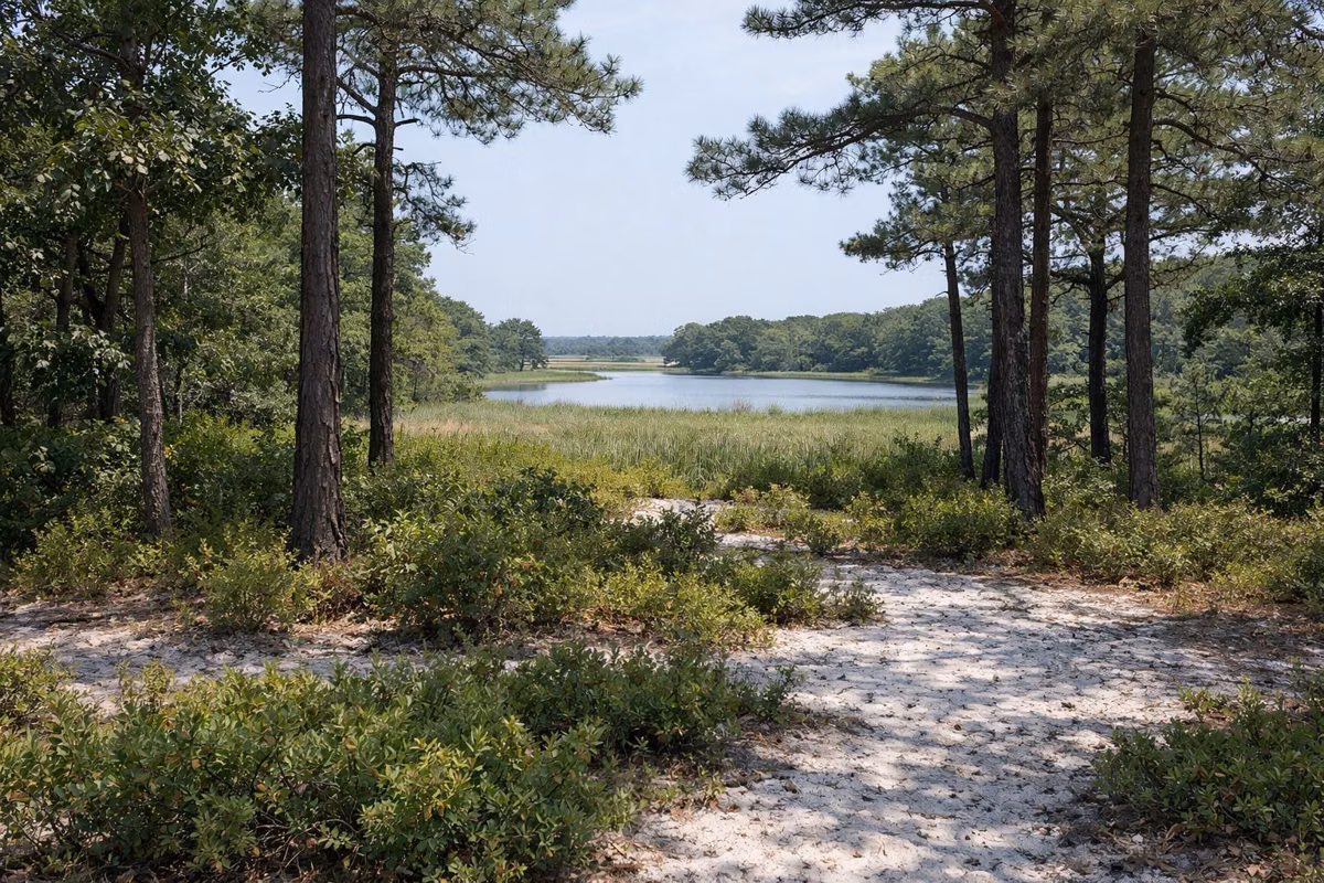 A pitch pine forest on white sandy soil with low blueberry and huckleberry shrubs, sun dappling the ground