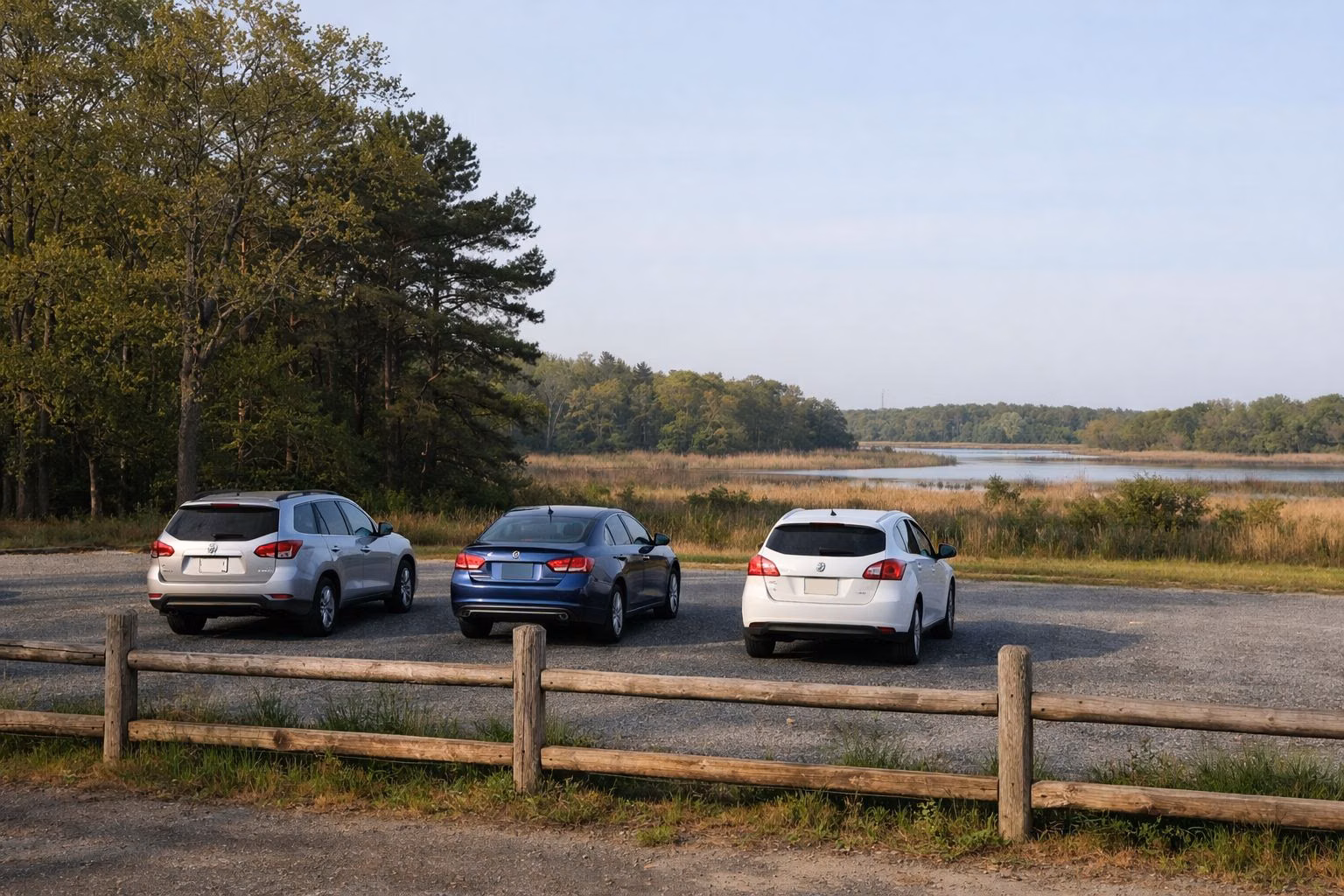 A small paved trailhead parking lot at the edge of an oak forest with three parked cars seen from behind at a distance, a wooden post fence