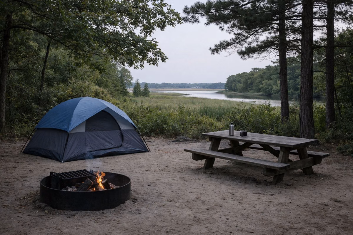A wooded campsite with a small dome tent, a steel fire ring and a wooden picnic table on packed sand under oaks and pines