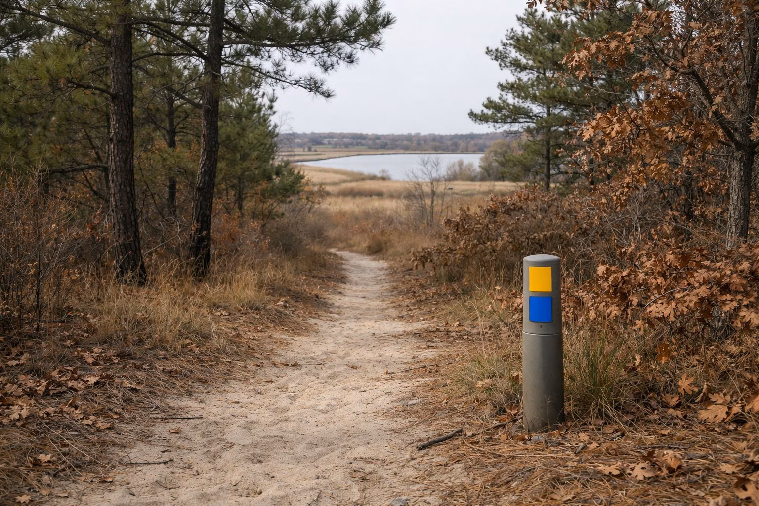 A narrow sandy hiking path through pitch pines and oaks, a short plastic trail post with a colored blaze marker beside it