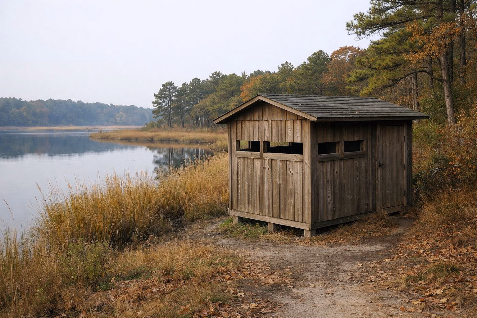 A small wooden wildlife observation blind on the edge of a calm tidal pond ringed with marsh grass and pines